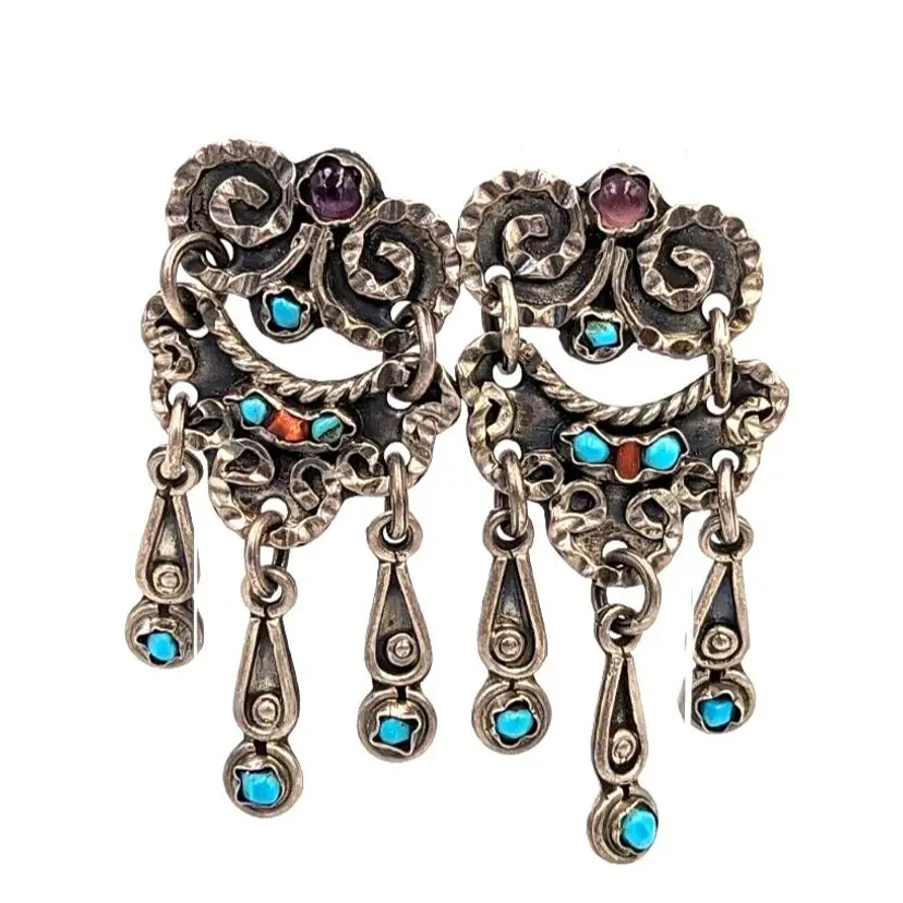 Turquoise Amethyst Coral Sterling Silver Earrings Vintage Mexican Statement
