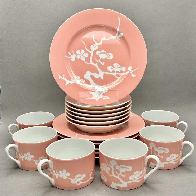 Vintage Pink Fitz and Floyd “Plum Blossom” Dessert and Coffee Service for Six