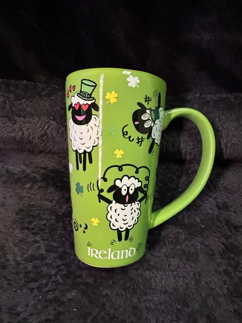 CeltGift Ireland Tall Coffee Mug With Sheep & Shamrocks Made In Dublin