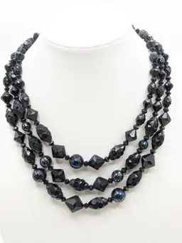 Vintage Black Faceted Bead Multi-Strand Necklace Germany