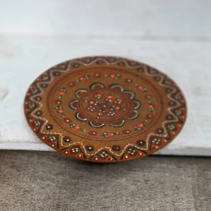 Vintage Wooden Painted Plate Folk Boho Cottage Core