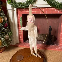 Vintage Christmas Clay Face White Chenille Santa with Tree Ornament