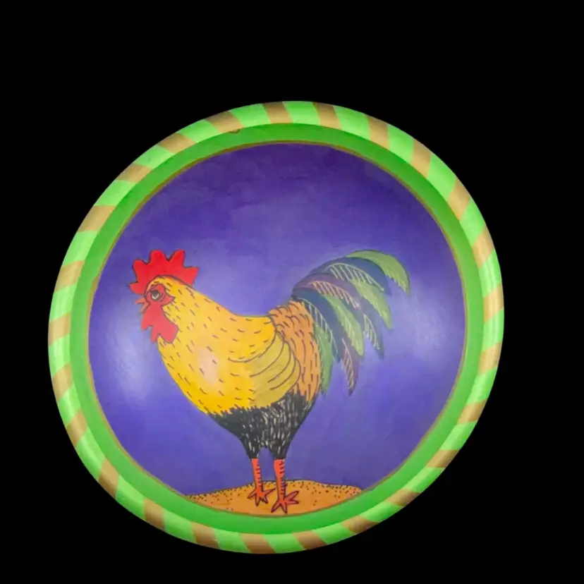 Hand Painted Wooden Bowl•Shelf Art Food Safe Folk Art Purple•Green•Yellow•Gold Accents 
Signed Janis Childs READ 
9.5” W x 2” H