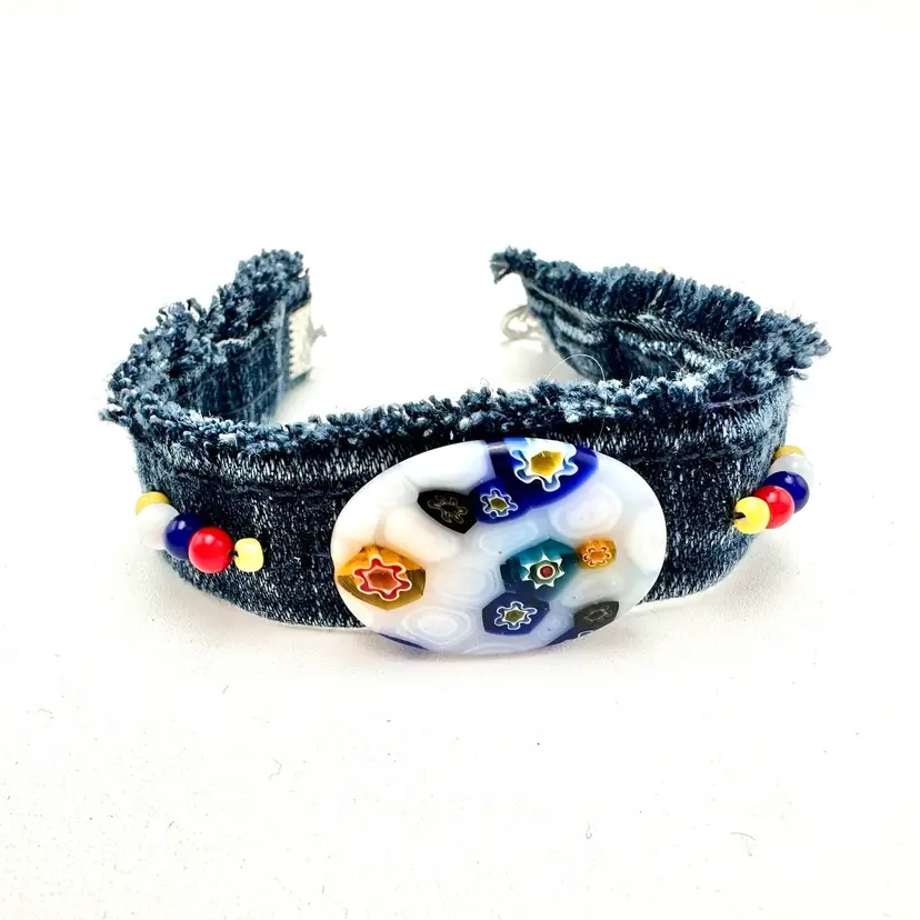 Millefiori Glass Beaded Denim Bracelet Made By Me Silver Tone 9”L Adjustable