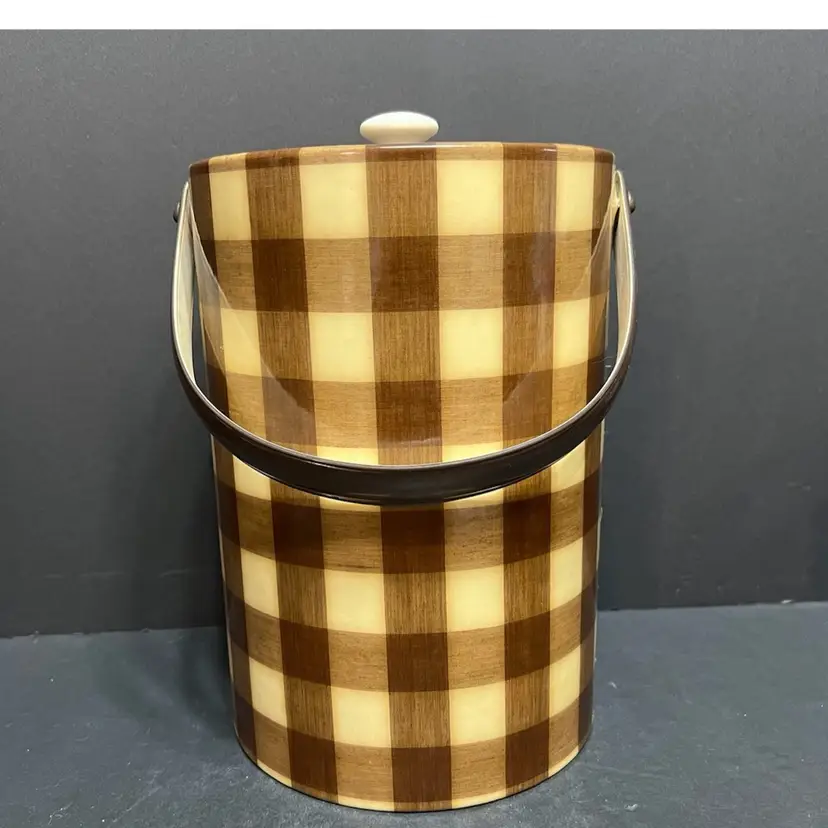 MARKDOWN! Large Brown Checked Ice Bucket ~11” x 8” diameter (13” high w/ handle)