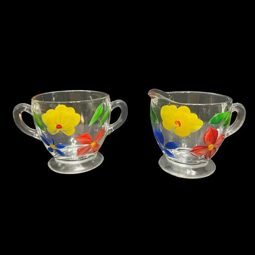 MARKDOWN! Bartlett Collins Clear Glass Creamer & Sugar Set Hand Painted Flowers