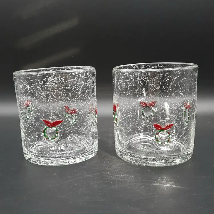 Christmas Wreath Icon Handblown Bubble Glasses Tumblers Set of 2