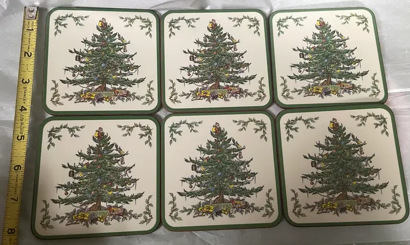 Spode 6pc Christmas Tree Coasters Cork Back.