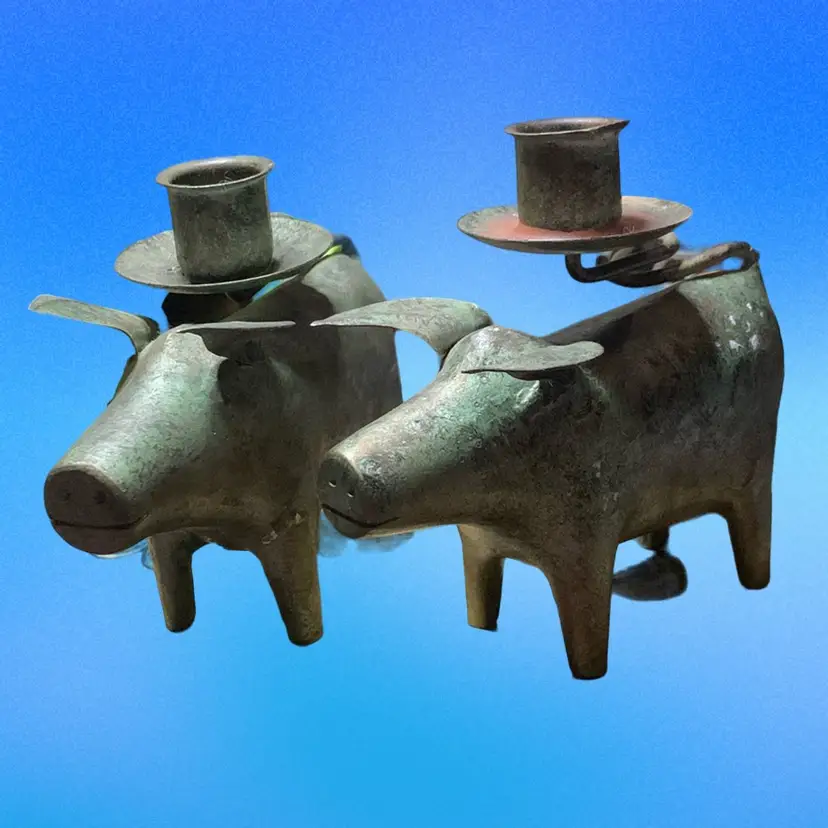 Whimsical Unique Pair of Metal PIGS Figurine Candle Holders made in Indonesia 5.7"x5.2"T