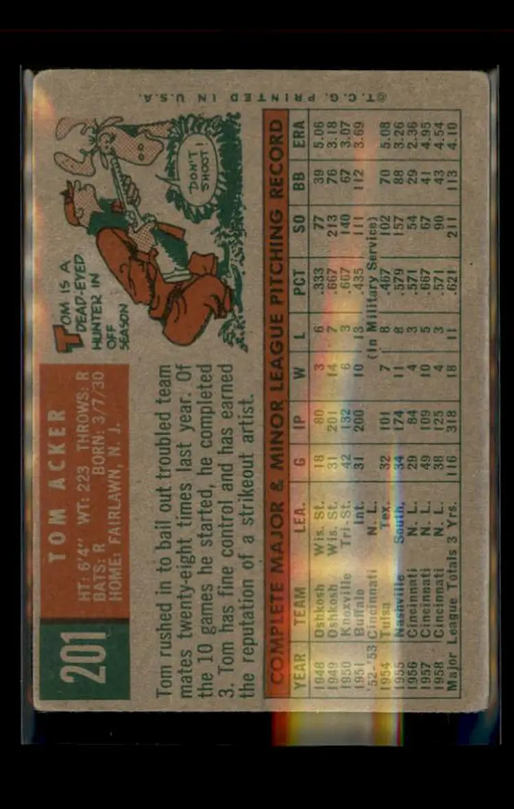 1959 Topps #201b Tom Acker - (pk4) - Cincinnati Redlegs