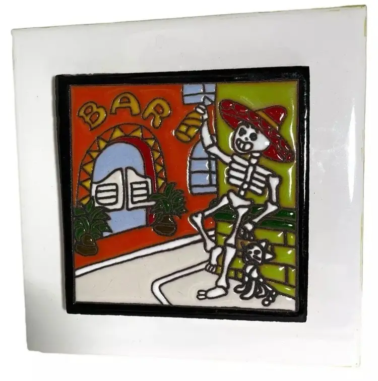 Día de los Muertos Day Of The Dead 6” Tile Bar Scene With Cat Wall Hanging