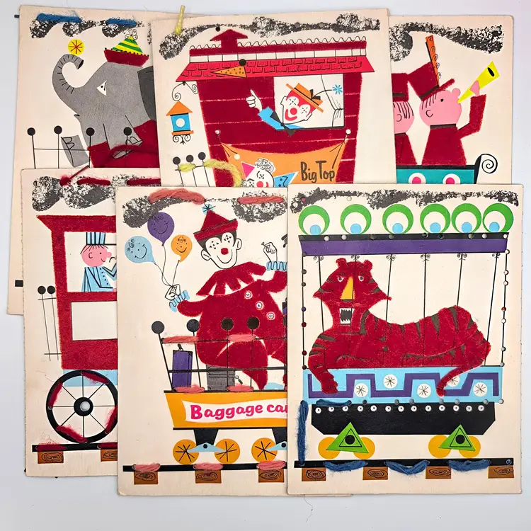 All 6 Vtg Children's Circus Train Fuzzy Wuzzy Lacing Cards Crafts No Box