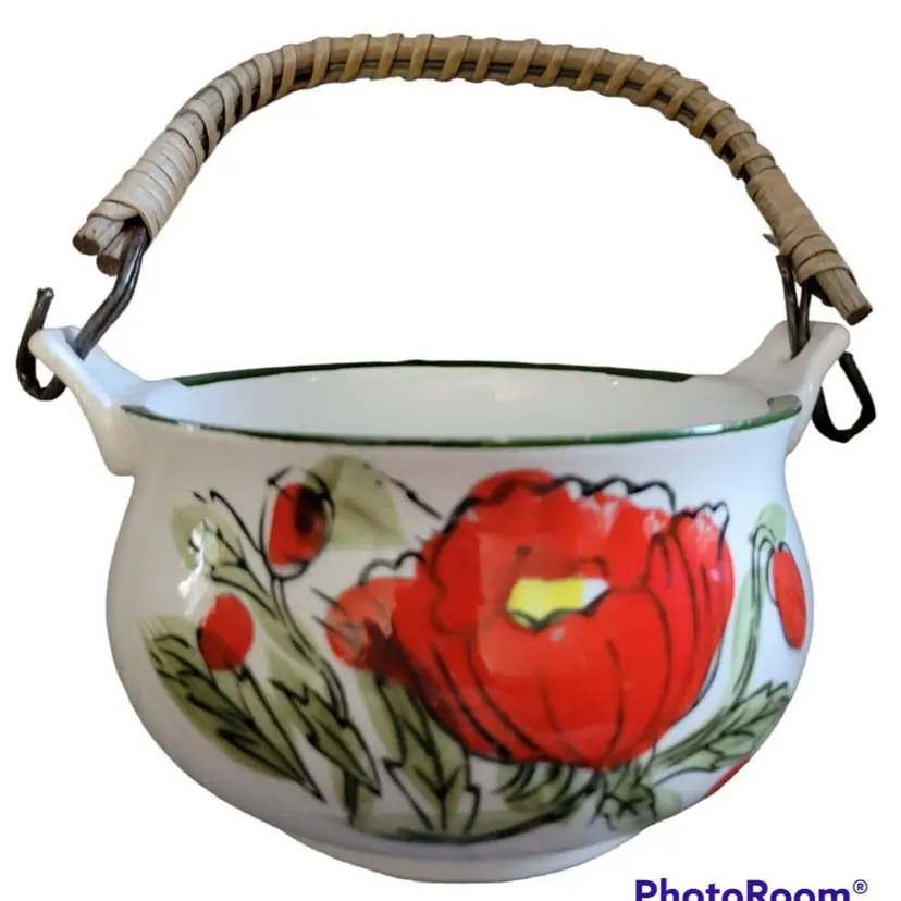 Japanese Ceramic Serving Bowl Wrapped Wood Metal Handle Handpainted Poppies Vtg