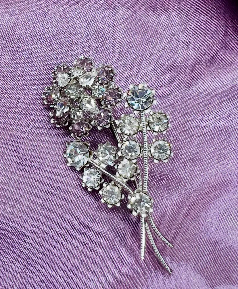 Vintage Three Floral Spray Clear And Smoky Stones Rhinestone Brooch Pin