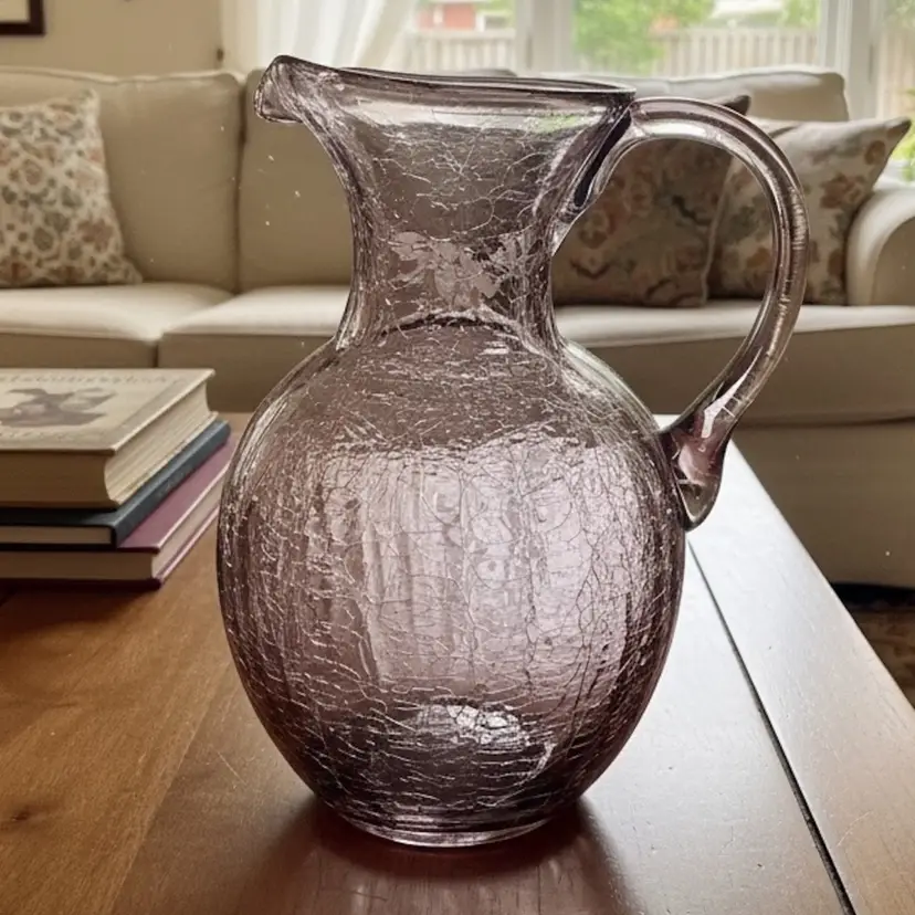 #06 4.5” t 3” w, Vintage Blenko purple crackle glass pitcher