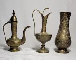 Vintage 3 Etched Brass Pieces From India 1 Ewer, 1 Vase, 1 Aftaba Pitcher
