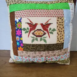 Vintage Handmade Quilted Pillow Cross Stitch Birds Log Cabin Pattern