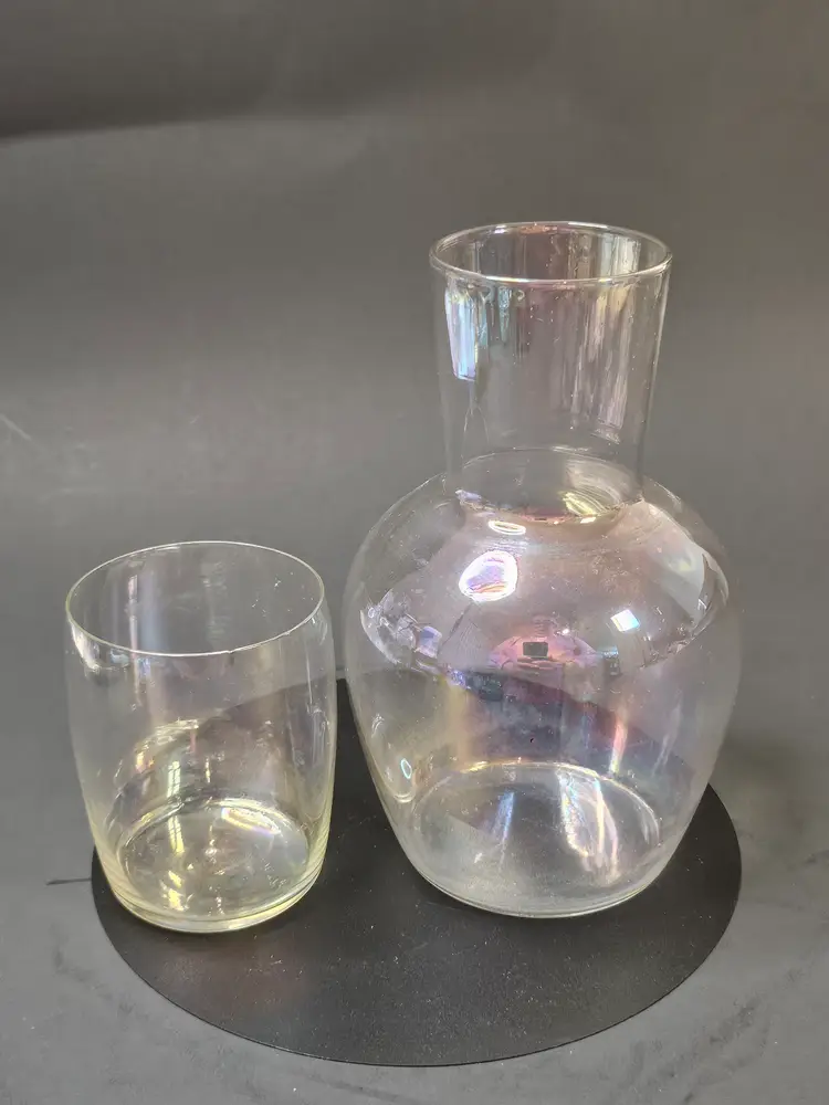 Antique Iridescent Clear Glass Tumble Up 2-piece Cup And Carafe - READ