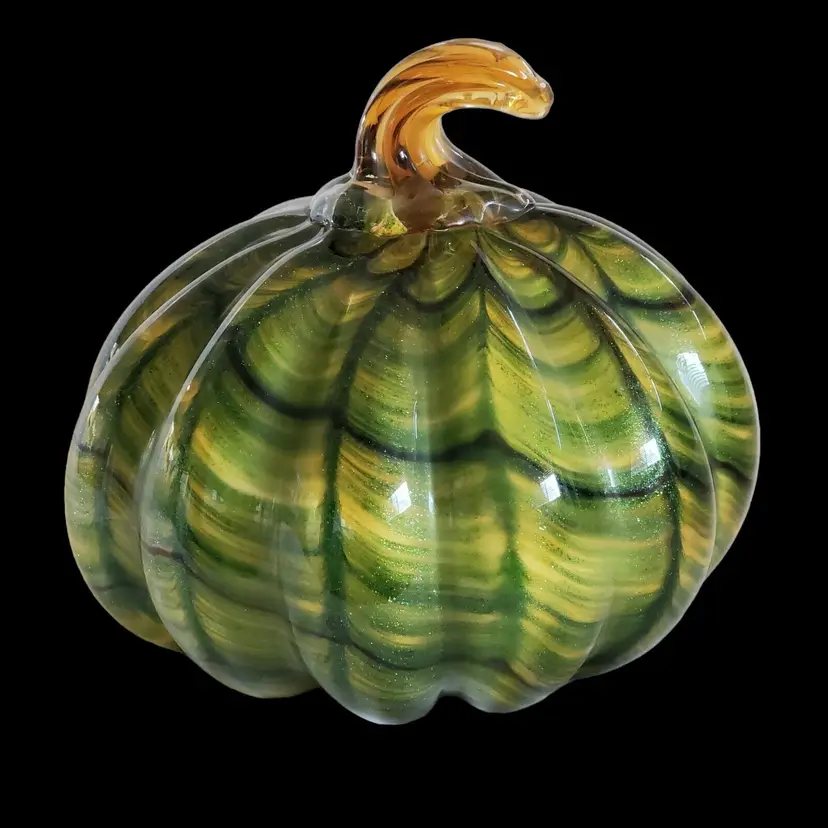 Art Glass Pumpkin Blown Glass Unbranded Greens Yellows & Brown Stem 6 1/4" tall