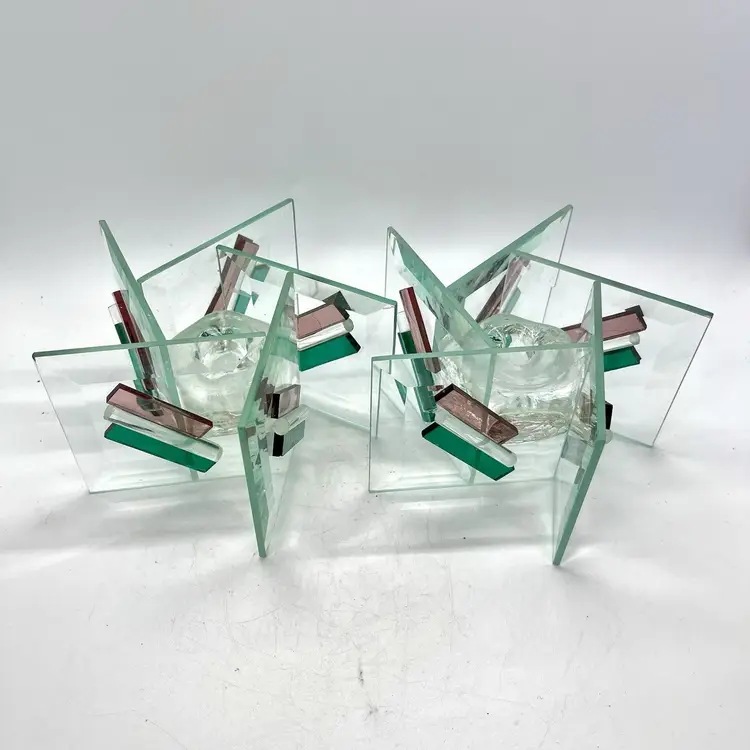 Vintage Pair Art Deco Clear Glass Panel Candle Stick Holders 5” Star