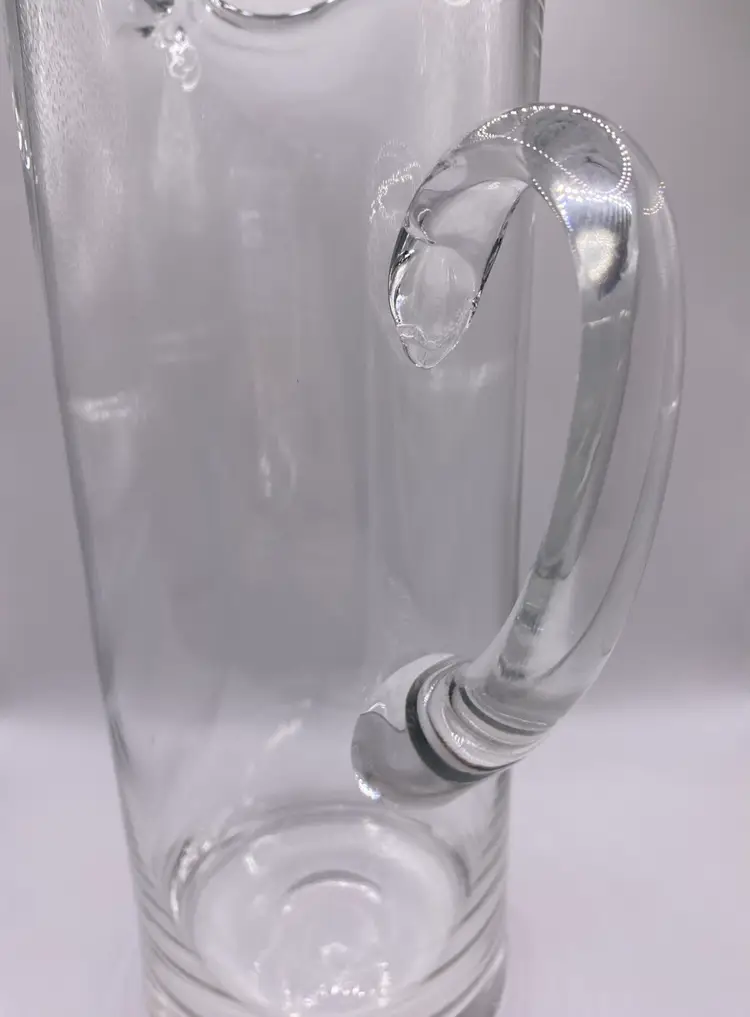 Vintage Hand Blown Clear Glass Martini Pitcher With Applied Handle And Pinch Spout