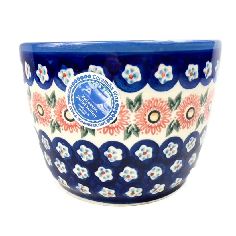Polish pottery hand painted floral design flower pot 4.5" tall x 5.75" wide