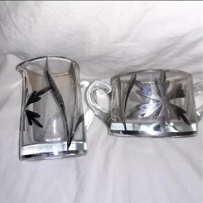 Antique Glass Silver Overlay Cream & Sugar