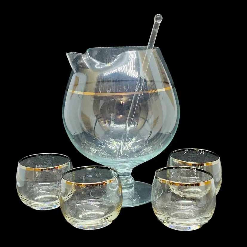 West Virginia Glass Roly-Poly Martini Set Pitcher 4 Glasses Stirrer Silver Band