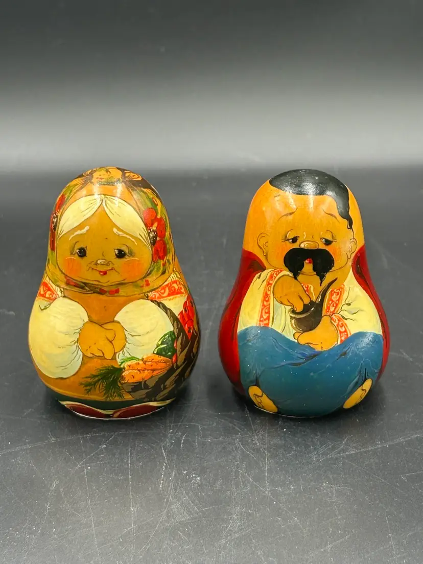 Vintage Pair Of Russian Wood Man & Woman Figurines