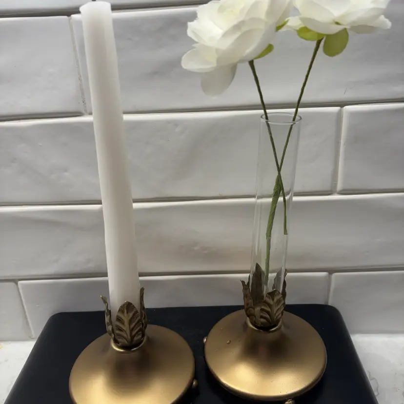 Set of Vintage Gold Tone Convertible Taper Candle Holders / Test Tube Bud Vases