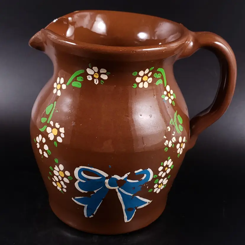 Vintage HAND PAINTED Floral Bow FOLK ART Brown CERAMIC PITCHER Signed