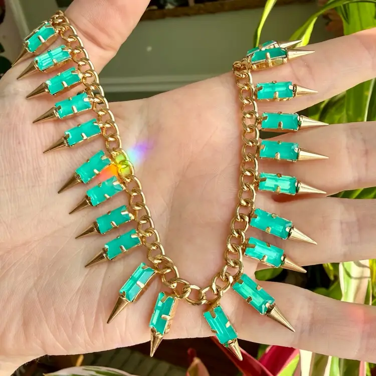UNBRANDED Gold Tone Necklace, Spike Punk Rock or Egyptian Style AQUA Stones