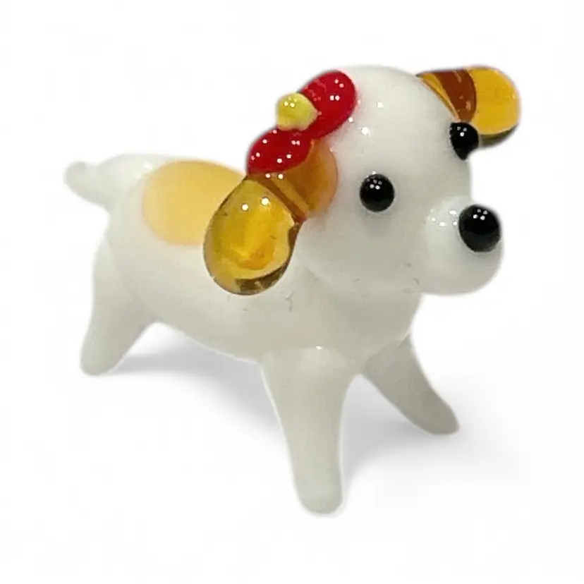 Mini Handblown Glass Art White Dog With Bow Figurine