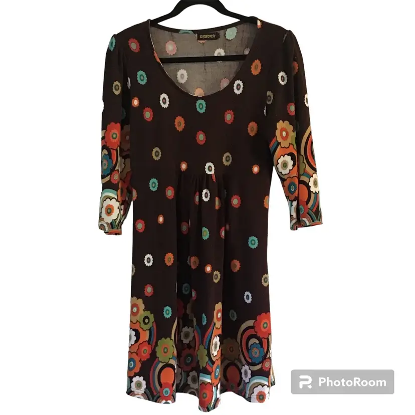 Anthropologie Reborn Women's Retro Dress Flowers Circles Scoop Neck Sz L 70’s Pa