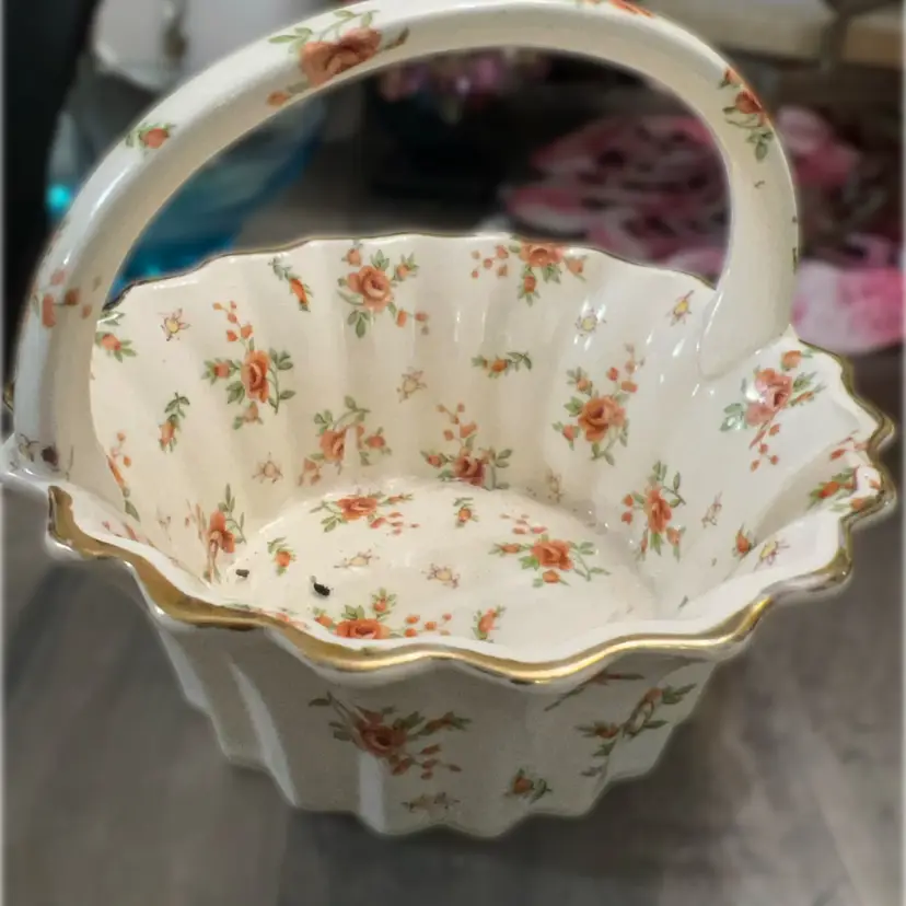 Vintage Porcelain Basket With Chinz Floral Pattern 5”