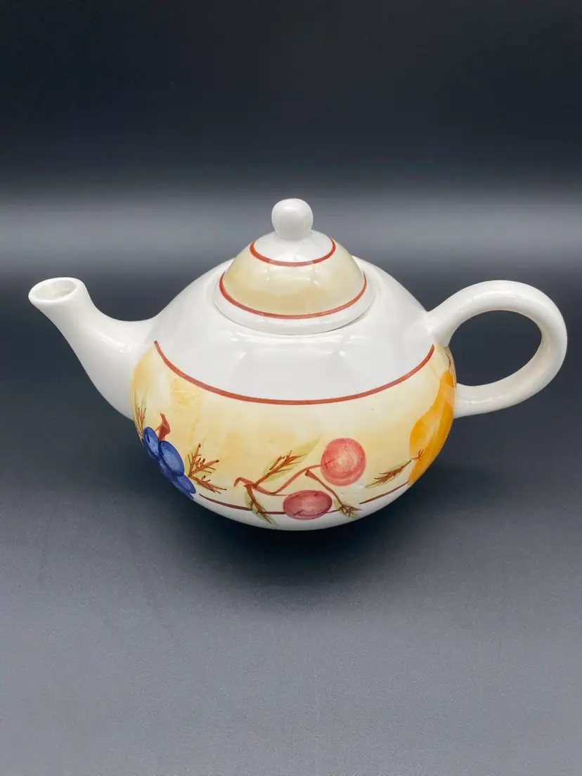 GKAO White Ceramic Tea Pot w/ Assorted Fruit Pattern - Vintage