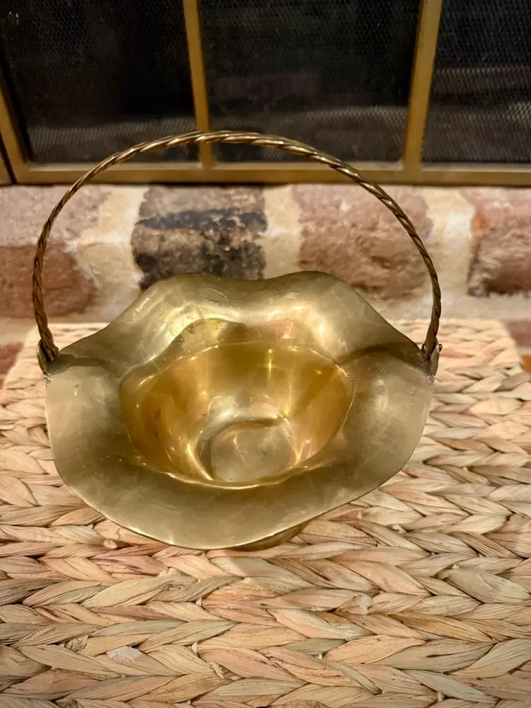 Vintage Solid Brass Pedestal Basket with Twisted Handle