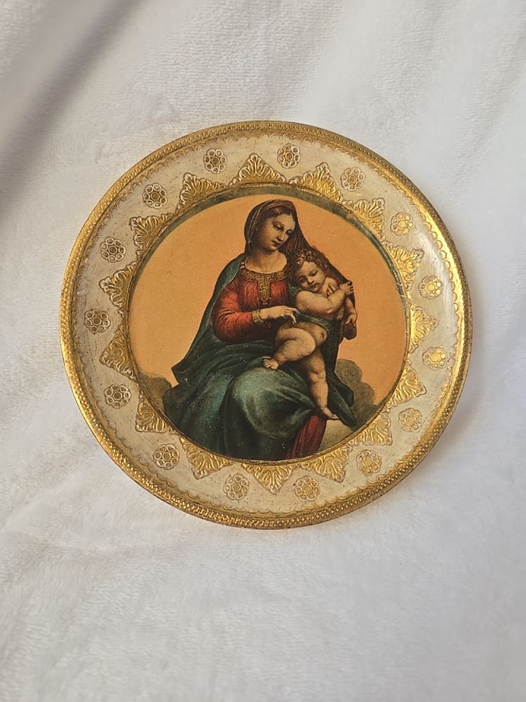 Vintage Italian Madonna & Child Florentine Plaque – Raphael “Madonna di Foligno” – 6.5″