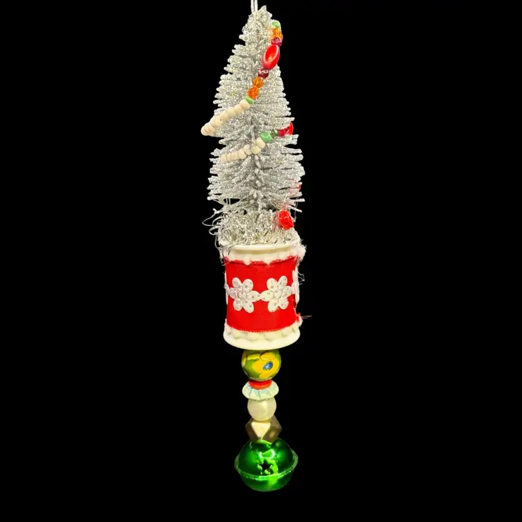 Handmade Bottle Brush Tree, Spool & Beads Ornament 8”