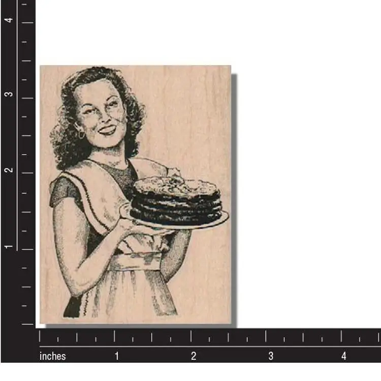 Retro Lady With Large Cake Rubber Stamp