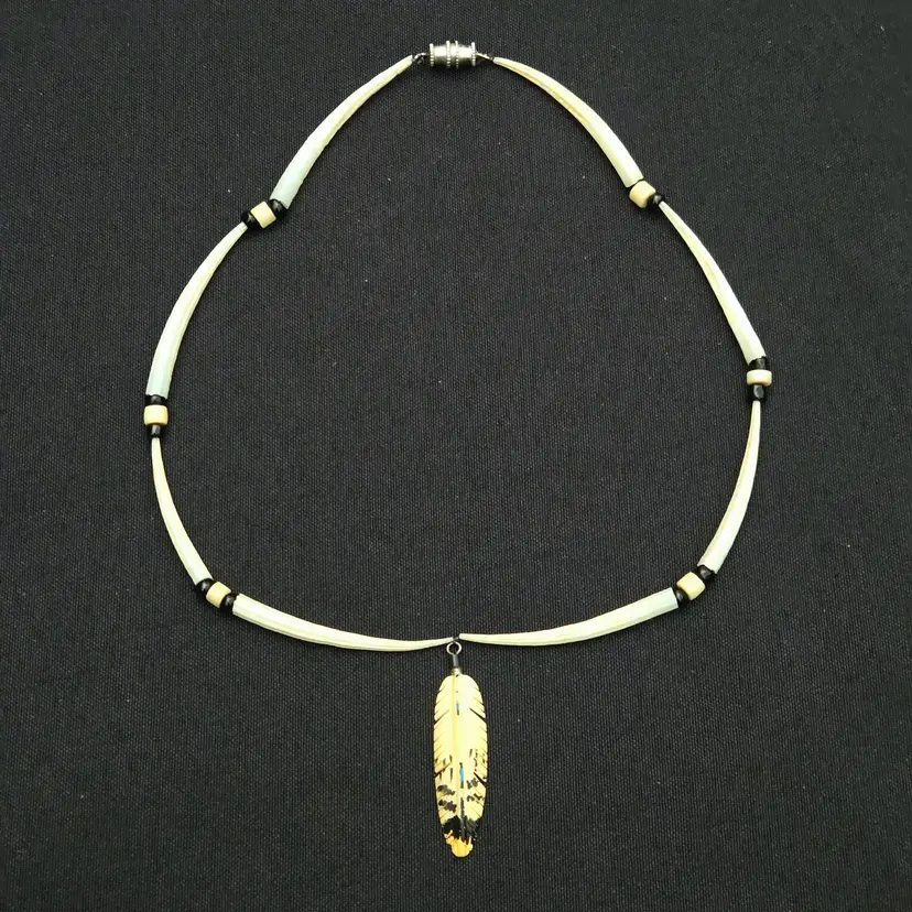 Handcrafted Jewelry Native American Carved Buffalo Bone Feather & Quill Necklace