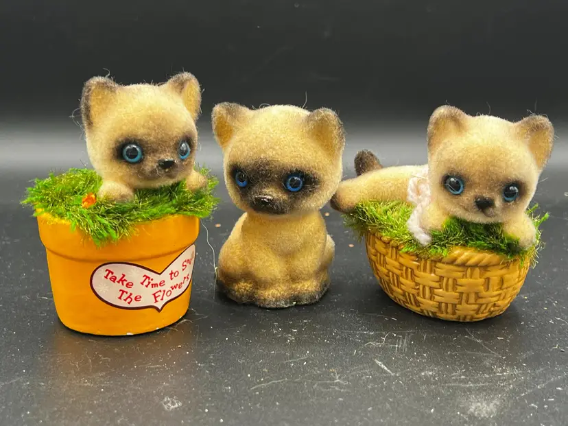 Vintage Josef Originals Siamese Kittens Fuzzy Flocked Blue Eyes Cat ~ set of 3