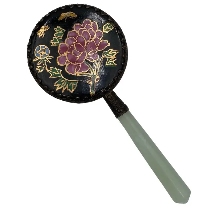 Vtg Alabaster-Handled, Enameled Cloisonné Floral & Butterflies Hand Mirror, 5.1"