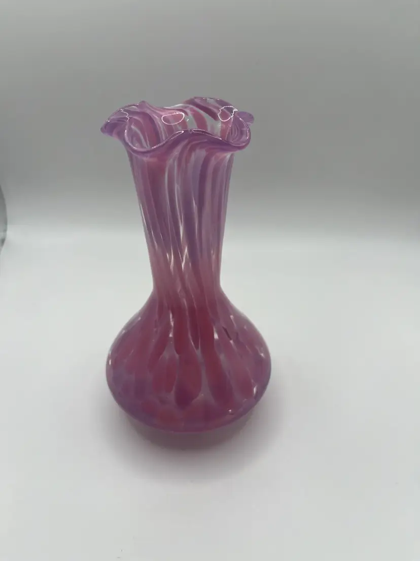 Hand Blown Art Glass Vase Pink Purple Swirl Ruffle Top