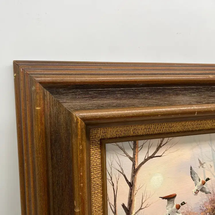 Signed Original Oil Ducks Painting Large Chunky Wood Frame Vintage