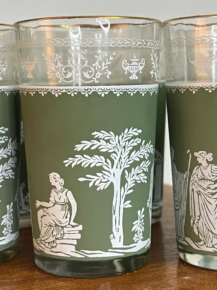 Set Of 6 Green Jasper ware Hellenic Jeanette Glass Juice Cups