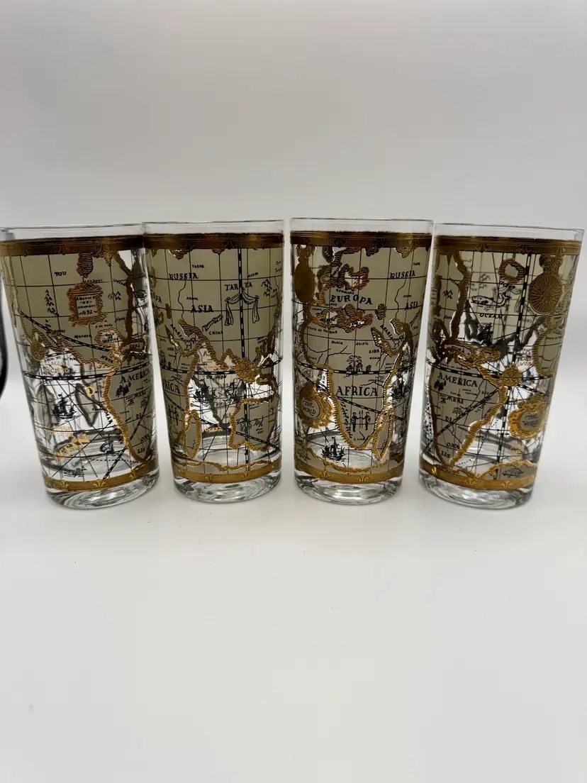 Vintage MCM Cera 22K Gold "Old World Map" Highball Cocktail Glasses 1960's Set Of 4