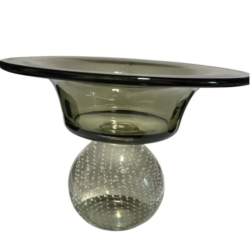 Mid Century-Art Glass Pedestal Bowl – Controlled Bubble Base, 8” Wide, 6” Tall,
