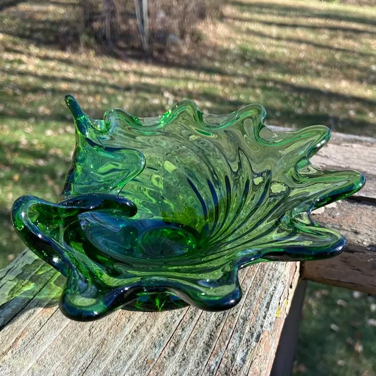 Green Glass, Folded & Swirled Candy Bowl /  Trinket Dish With Pedestal. Unmarked. 6.75”l x 5.25”w x 2.75”h.