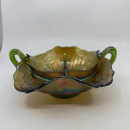 Vintage Antique Fenton Glass Divided Dish Green Iridescent Carnival 2 Fruits Pattern Apple Pear 2 Handled